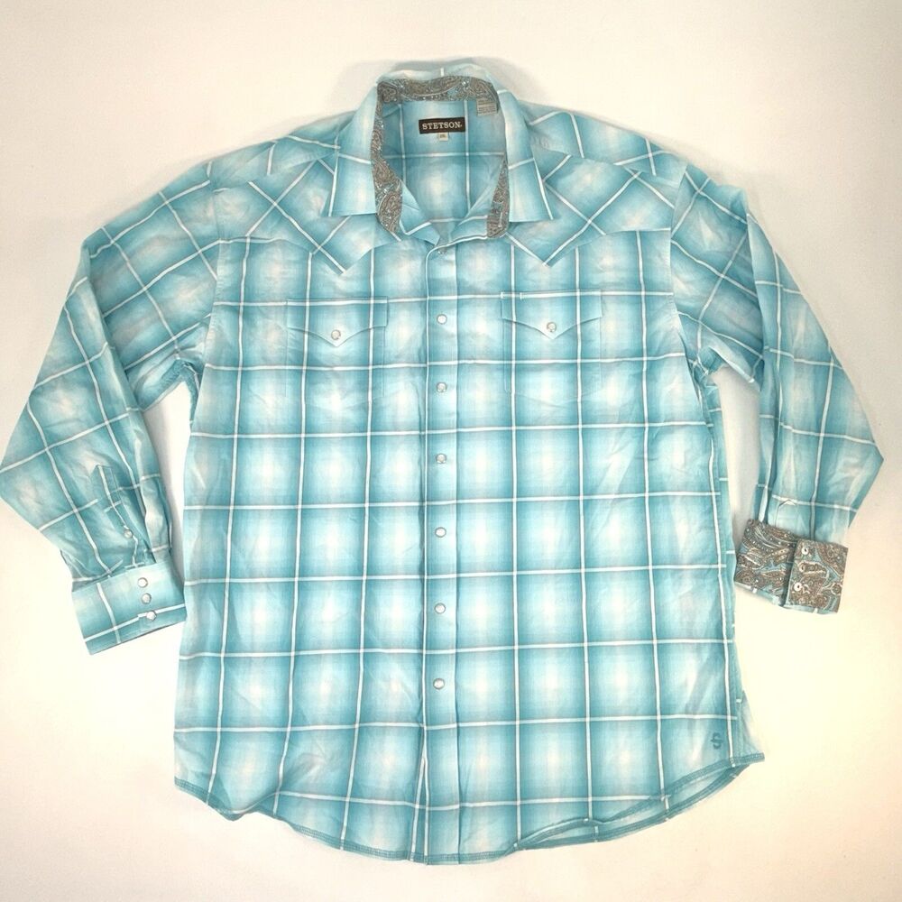 Stetson Western Shirt Mens 2XL Blue Plaid 100% Cotton Pearl Snap Flip Cuff